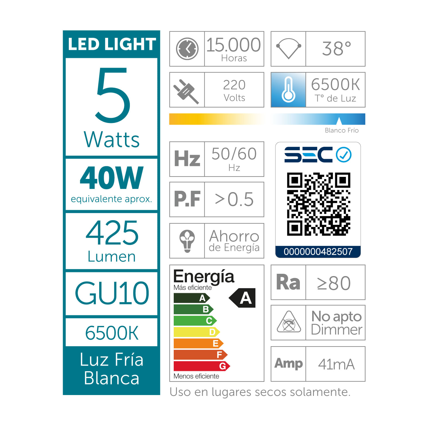 Pack 4 Ampolletas Led GU10 5W Luz Fría